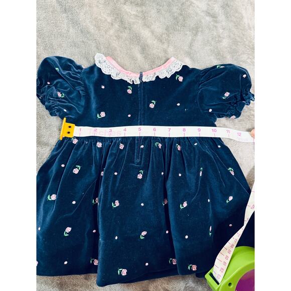 Vintage Velvet Dress Satin Bows Embroidered Rose Accents Lace Puff‎ Sleeve 12M - Picture 10 of 10